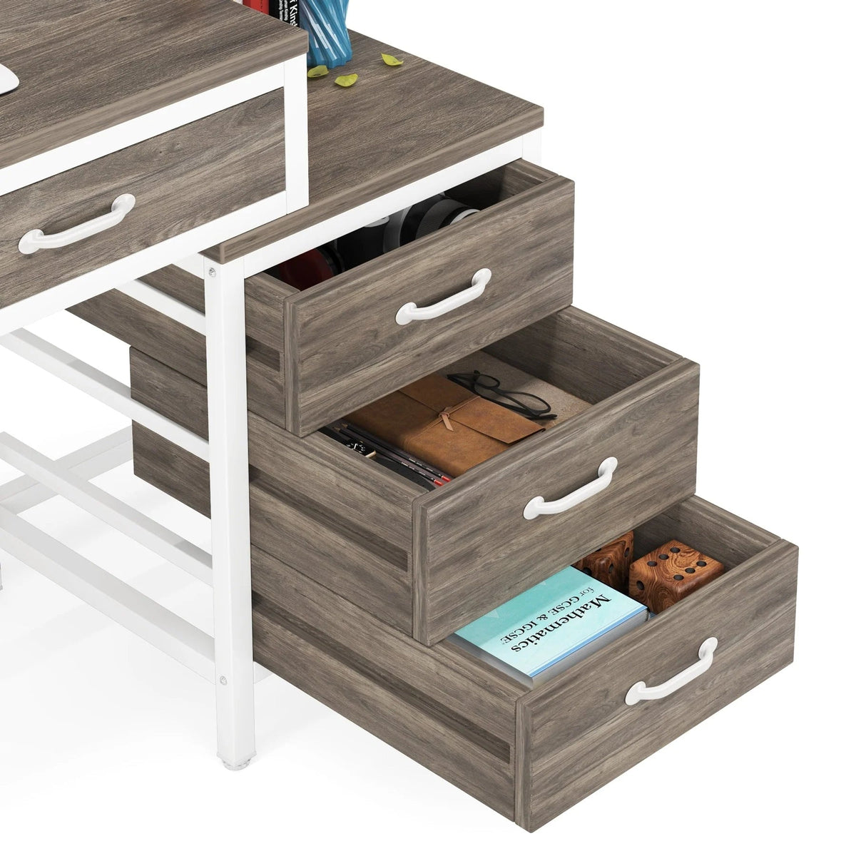 Reversible Computer Desk with 5 Drawers, Home Office Desk with File Cabinet Drawer Printer Stand