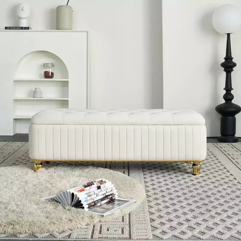 Okak Modern Luxury Flip Top Deep Button Ottoman Bench with Gold Decor & Metal Legs,Upholstered Storage Bench for Living Room,Bedroom