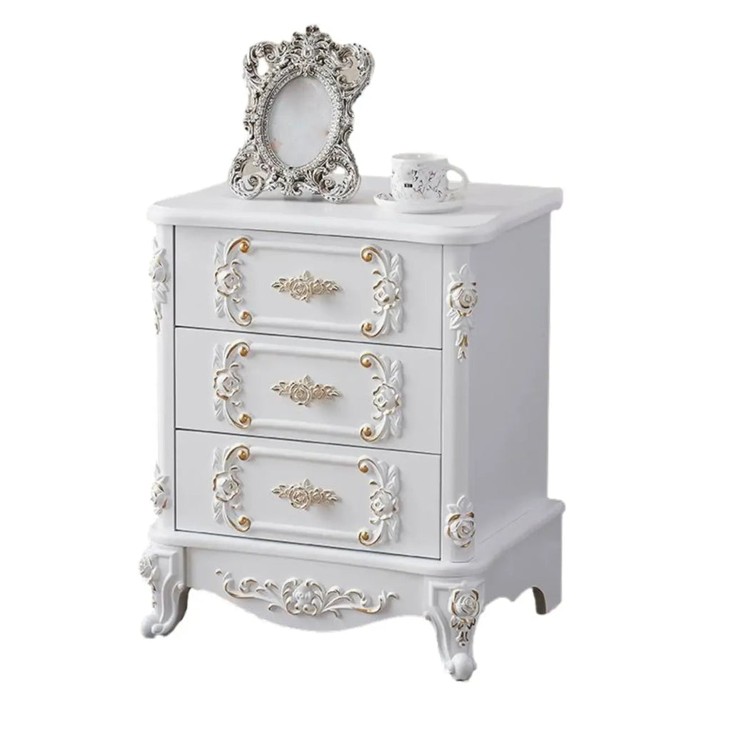 Traditional White Wood Carved 3-Drawer Nightstand