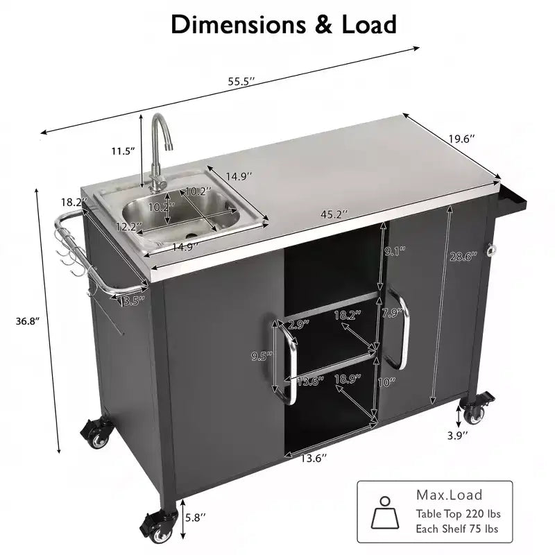 55.5 Outdoor Kitchen Island with Sink, Stainless Steel Prep Table with Spice Rack & Lockable Wheels, BBQ Grill Cart Station, Black - ModernLuxe