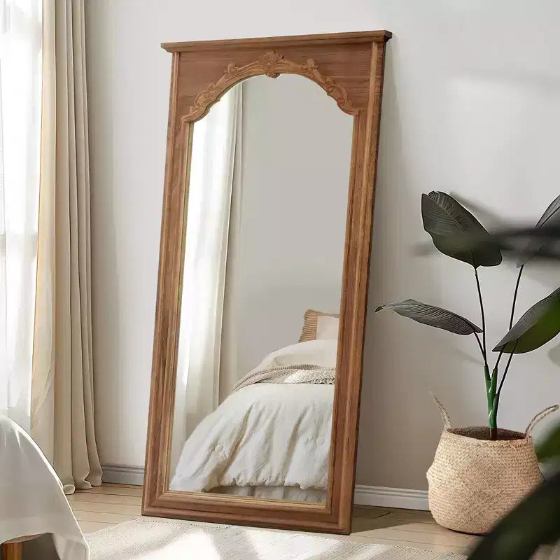 Solid Wood Full-Length Mirror with Cherry Blossom Carving - 180x90x4cm (Stand Not Included)