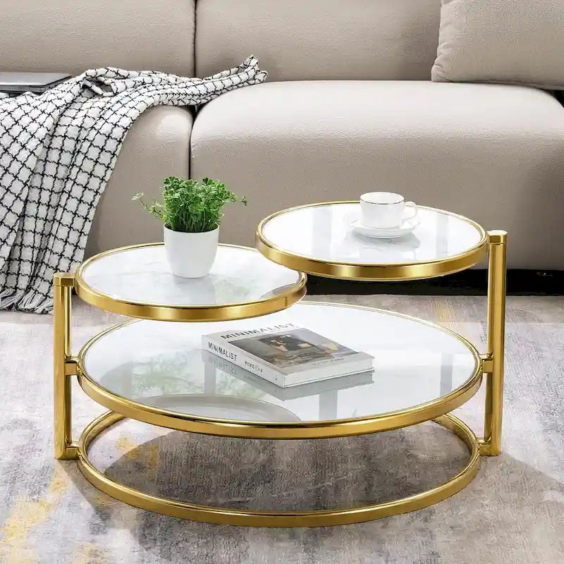 Round Tempered Glass Coffee Table with 3 Tiers 360 Degrees Rotating Top