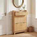 Slim Fluted Shoe Cabinet for Entryway  Modern Narrow Hallway Organizer with 2 Doors, Adjustable Shelves, Compact Storage Solution for Home