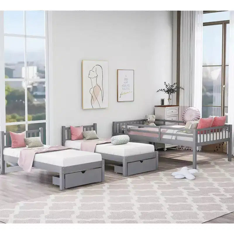 Full Over Twin & Twin Bunk Bed for 3, Wooden Triple Bunk Bed with 2 Storage Drawers, can be Divided into 3 Separate Beds