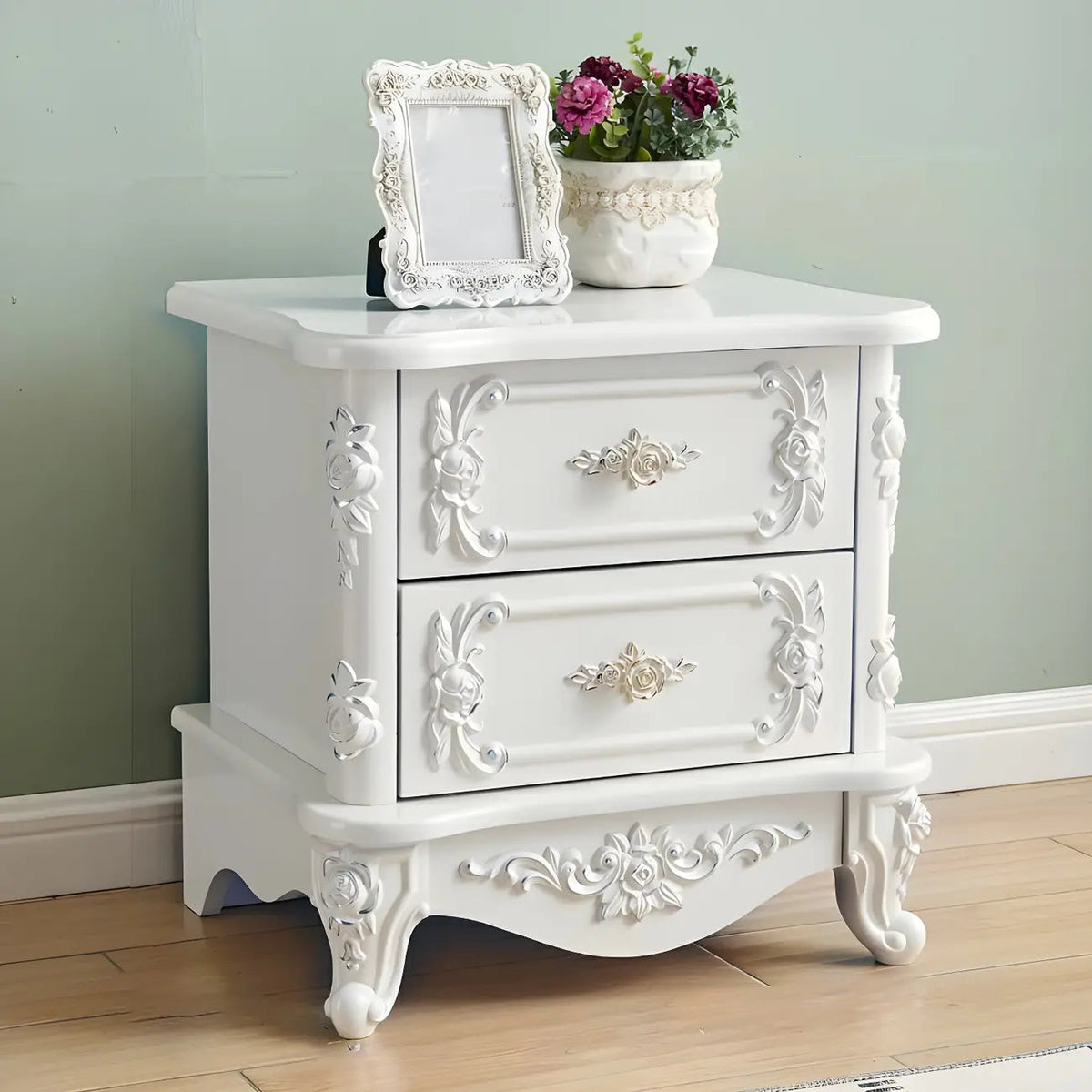 Traditional White Wood Carved 3-Drawer Nightstand