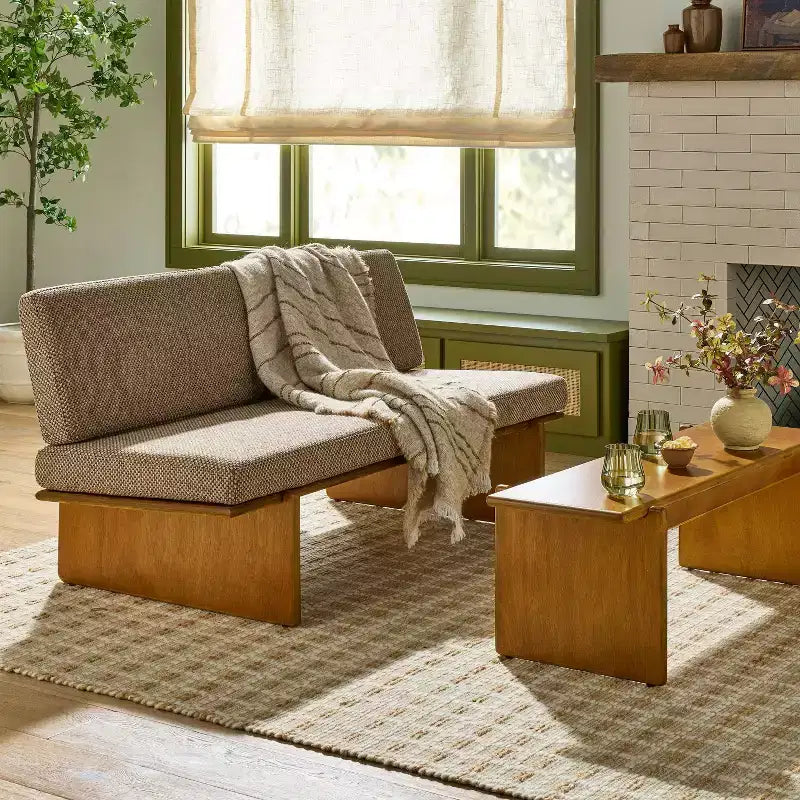 Mushroom Weave Upholstered Mid-Century Bench with Back - Hearth & Hand? with Magnolia