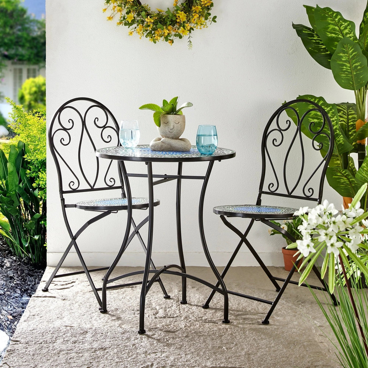 Glitzhome Outdoor Metal Folding Bistro Set 3PCS Patio Table Chairs