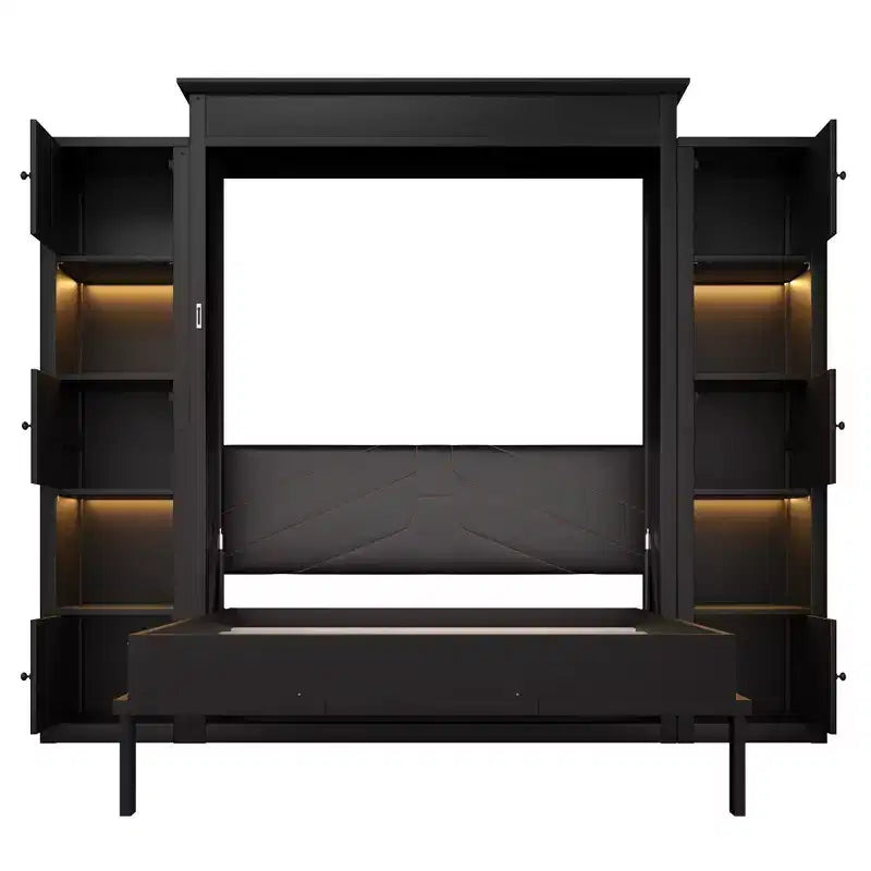 Luxystar Modern Queen Murphy Bed with 10 Storage Shelves and Upholstered Headboard, Black