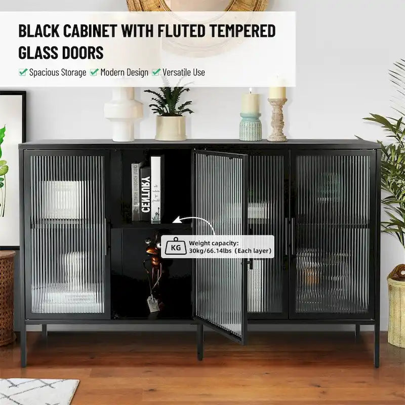 Stylish 4-Door Tempered Glass Cabinet, 4 Glass Doors Adjustable Shelf