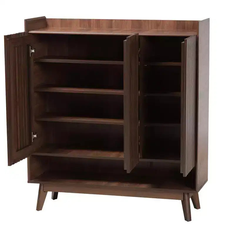 Delaire Mid-Century Modern Walnut Brown Finished Wood Shoe Cabinet