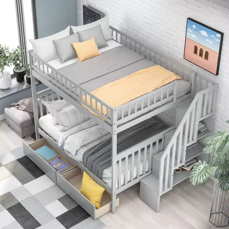 Full over Full Bunk Bed with Two Storage Drawers and Storage Shelves for Kids Teens Adults Bedroom