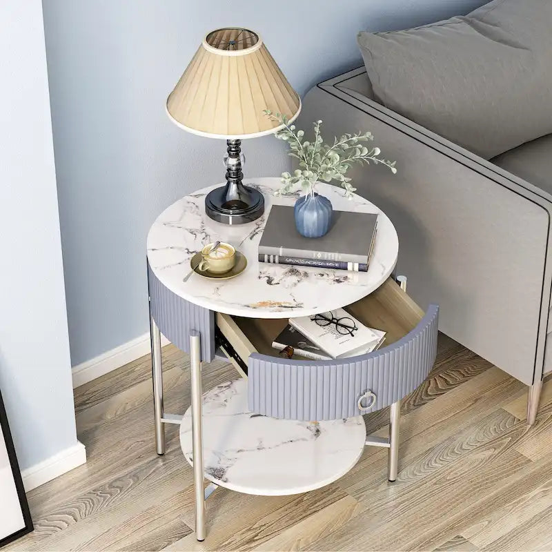 Myhozm Modern End Table with Storage Drawer, Round Nightstand with Metal Legs for Living Room, Bedroom, Office