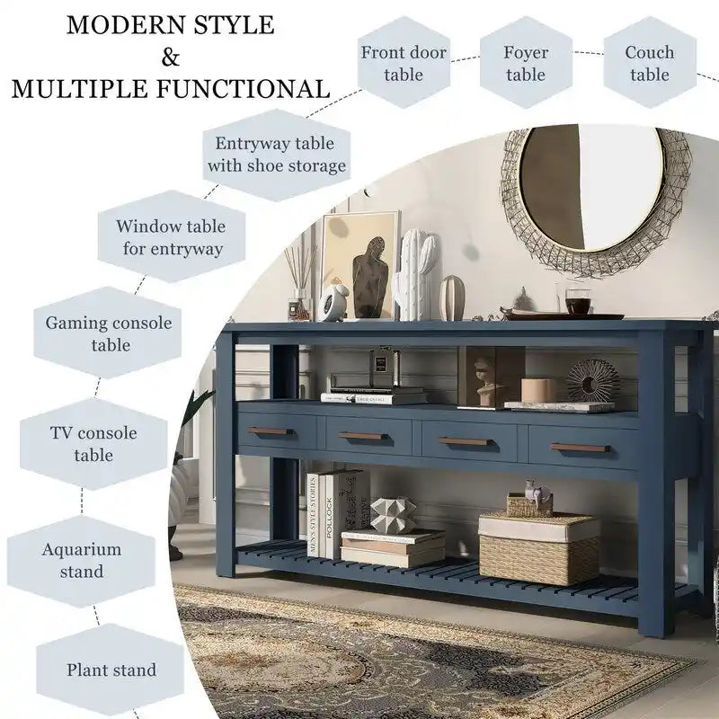 Long Entryway Console Sofa Table with Drawers, Farmhouse Wood Sofa Tables Console Table with 4 Drawers and 2 Shelves