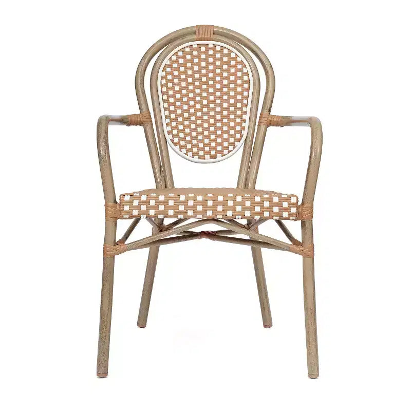 Flash Furniture 4 Pack Lourdes Indoor/Outdoor Commercial Thonet Bistro Stacking Chair with Arms, PE Rattan and Aluminum Frame
