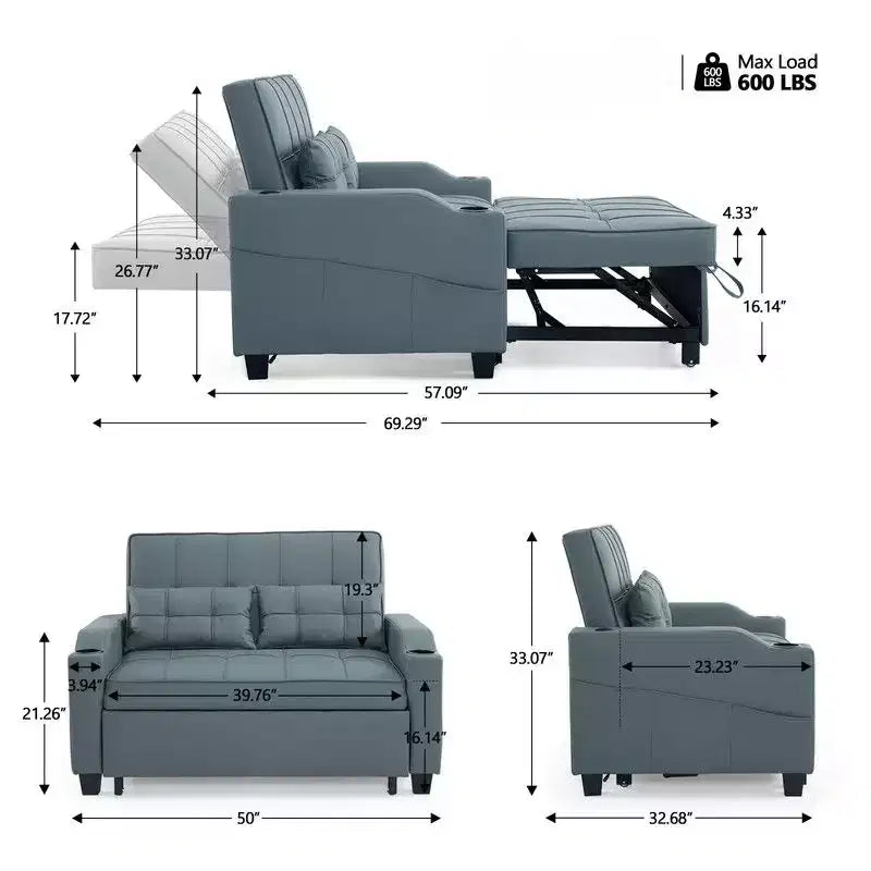 Upholstered Cats Claw Leather Convertible Reclining Sleeper Sofa Bed With Cushions For Small Spaces