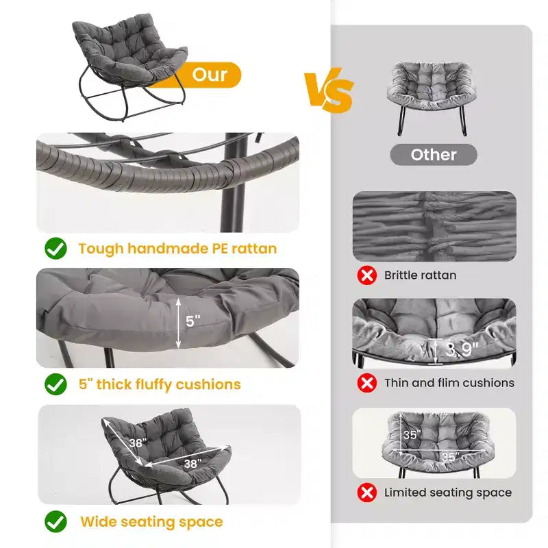 Heynemo Patio Rocking Chair with Ottoman, Outdoor Indoor Rocking Egg Chair with Cushions, Metal Lounge Chair Oversized Papasan Chair, Reading Chair