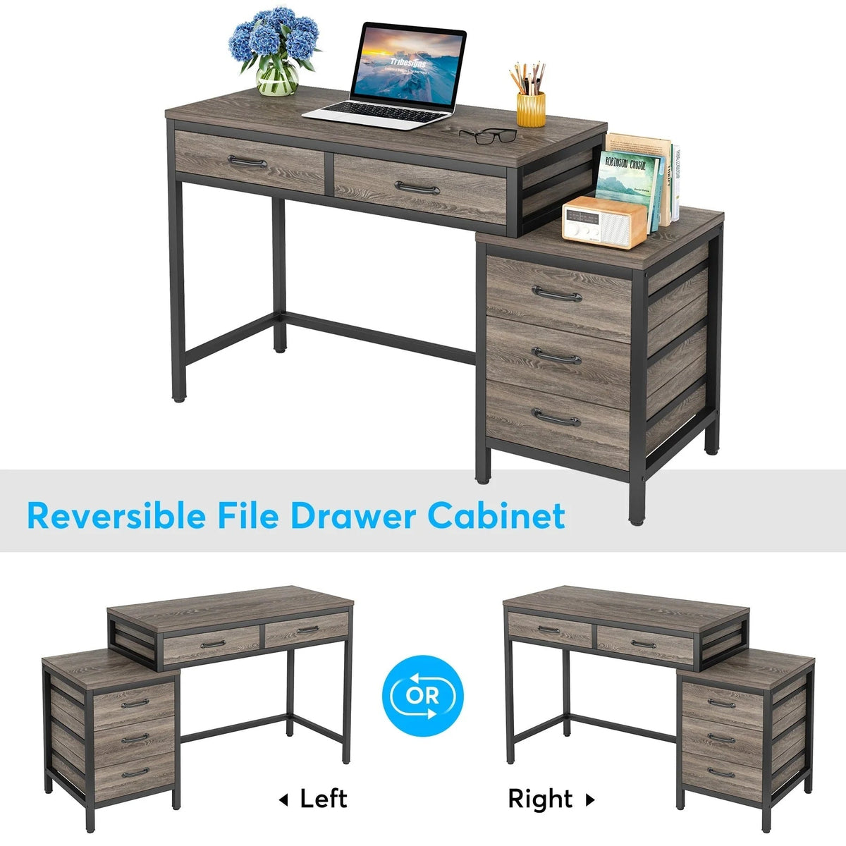 Reversible Computer Desk with 5 Drawers, Home Office Desk with File Cabinet Drawer Printer Stand