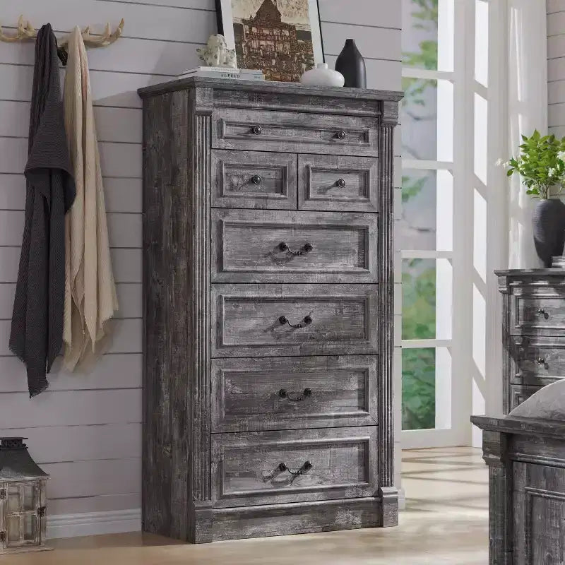 Mastgoal 57 Farmhouse Dresser with 7 Drawers, Rustic Wood Closet Storage with Roman Column for Bedroom
