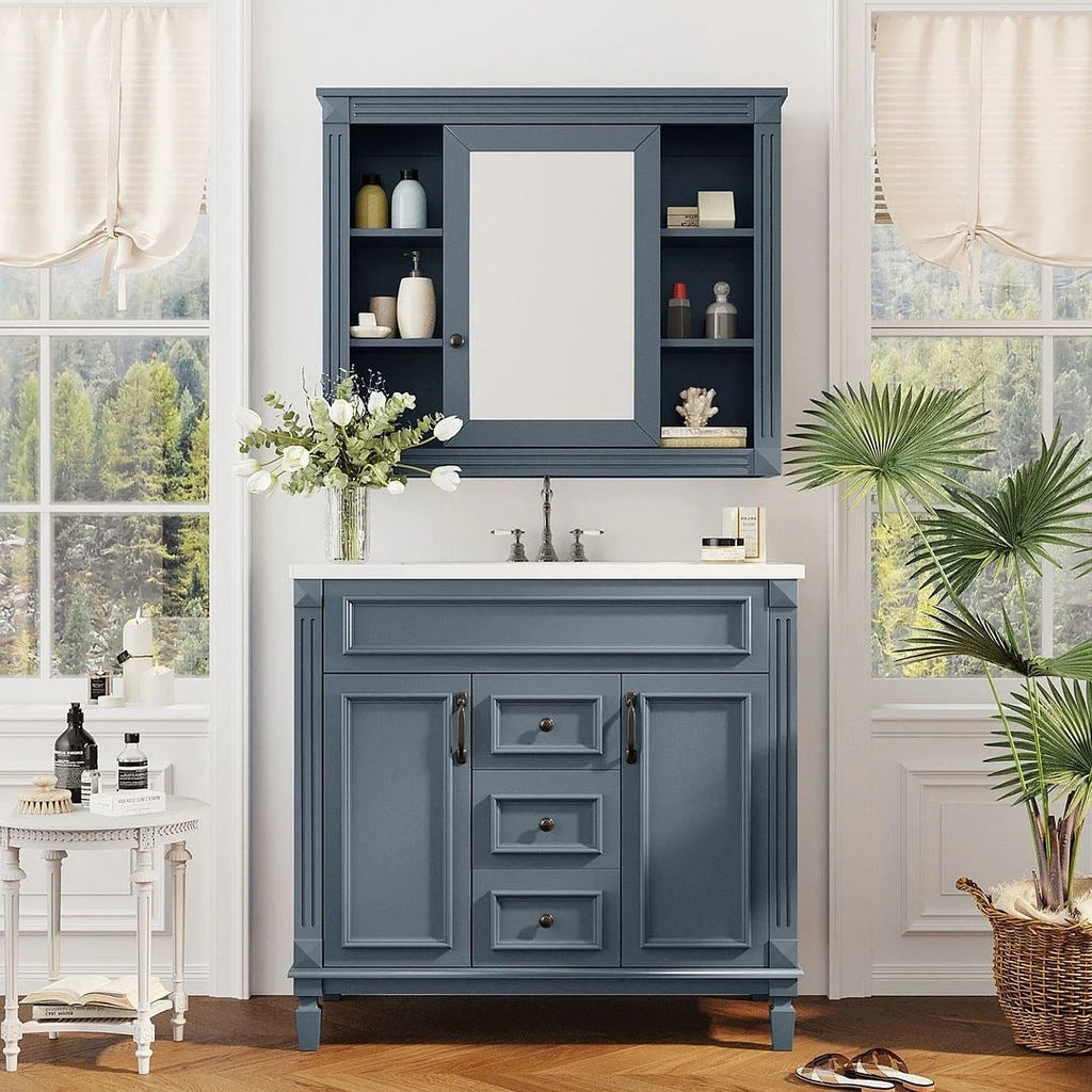 36 Modern Bathroom Vanity with Top Sink and Mirror Cabinet,2 Doors and 2 Drawers