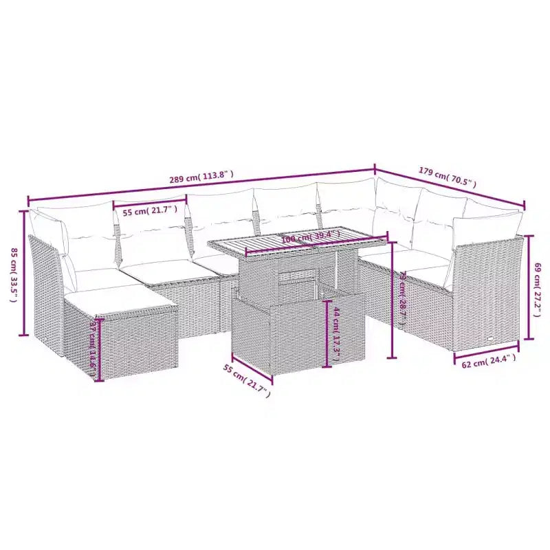 vidaXL 9 Piece Patio Sofa Set with Cushions Gray Poly Rattan