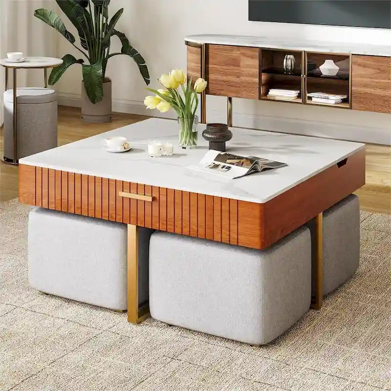 Lift Top Coffee Table with Hidden Storage and 4 Ottomans