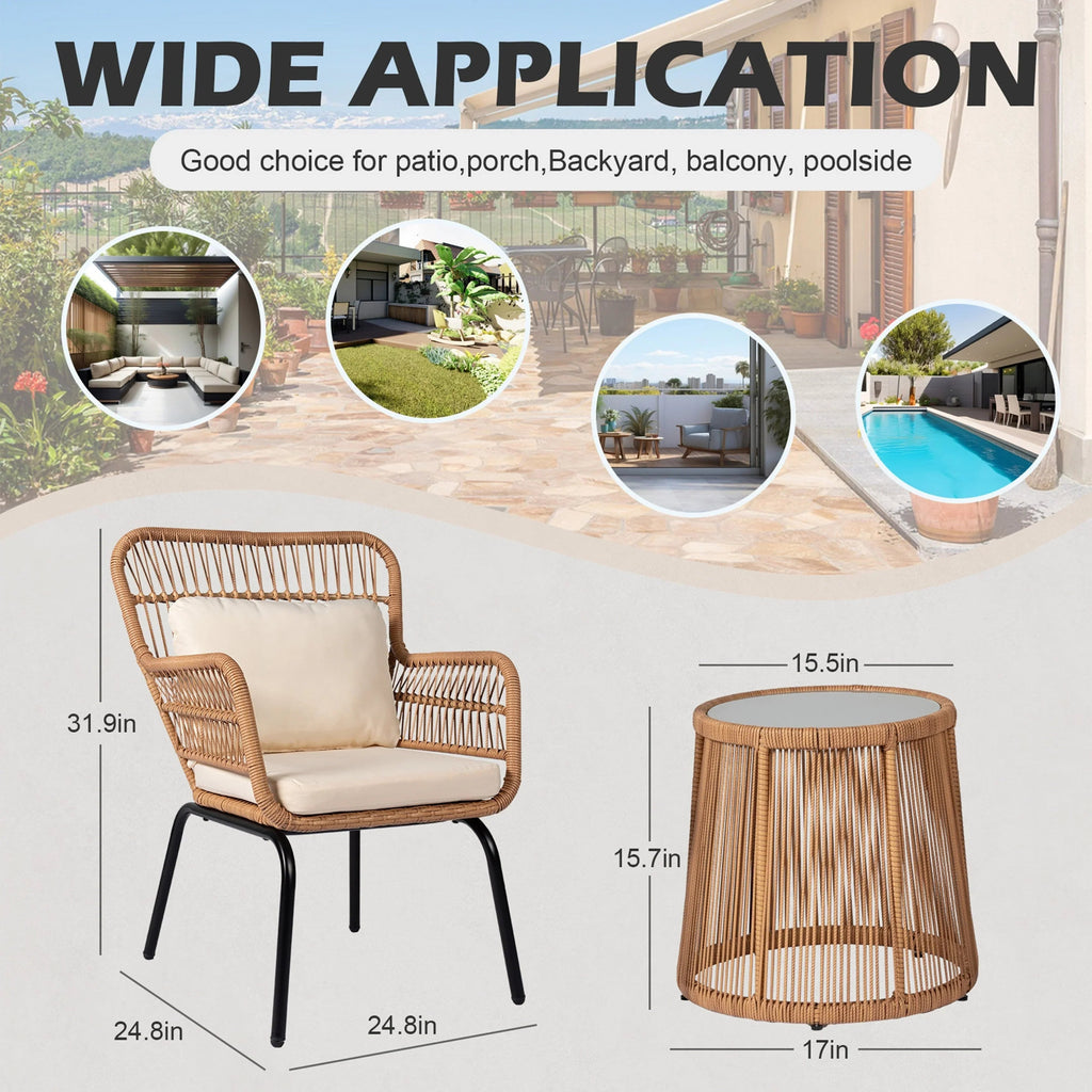 3 Piece Outdoor Wicker Conversation Bistro Set, All-Weather Rattan Furniture Patio Chairs Set with Cushions