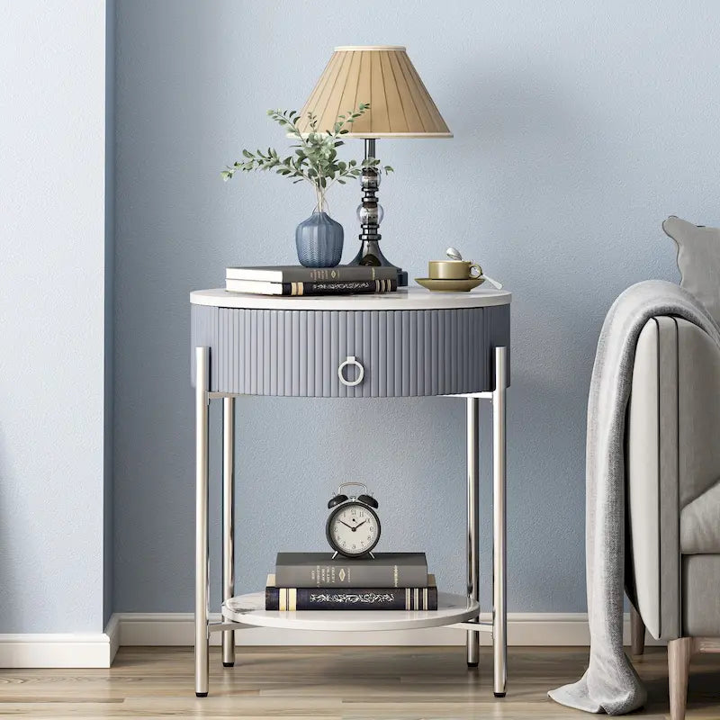 Myhozm Modern End Table with Storage Drawer, Round Nightstand with Metal Legs for Living Room, Bedroom, Office