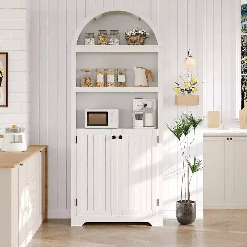 72 Tall Arched Cabinet, 5 Tier Arched Bookshelf with Double Doors & Adjustable Shelf, Wooden Bookcase with Storage for Home Office