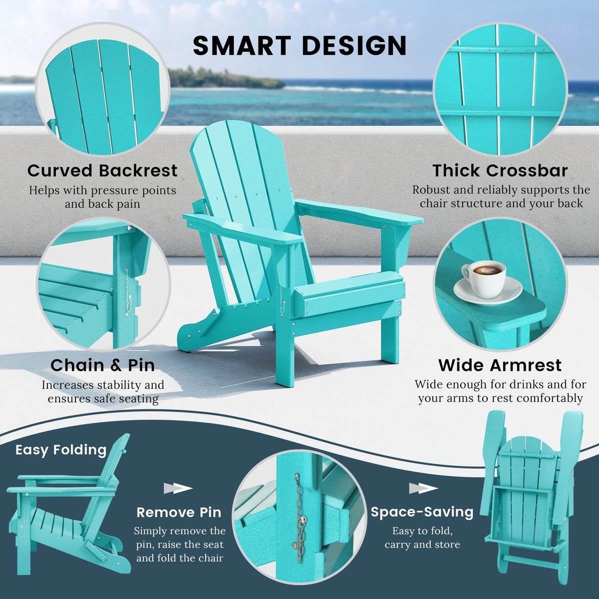 Polytrends Laguna Fade Resistant All Weather Outdoor Patio Folding Adirondack Chair