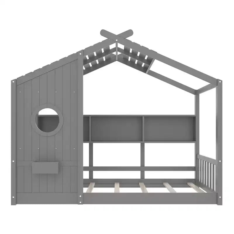 Twin Size Floor House Bed, Kids Montessori Playhouse Bed with Storage Shelf and Roof Design