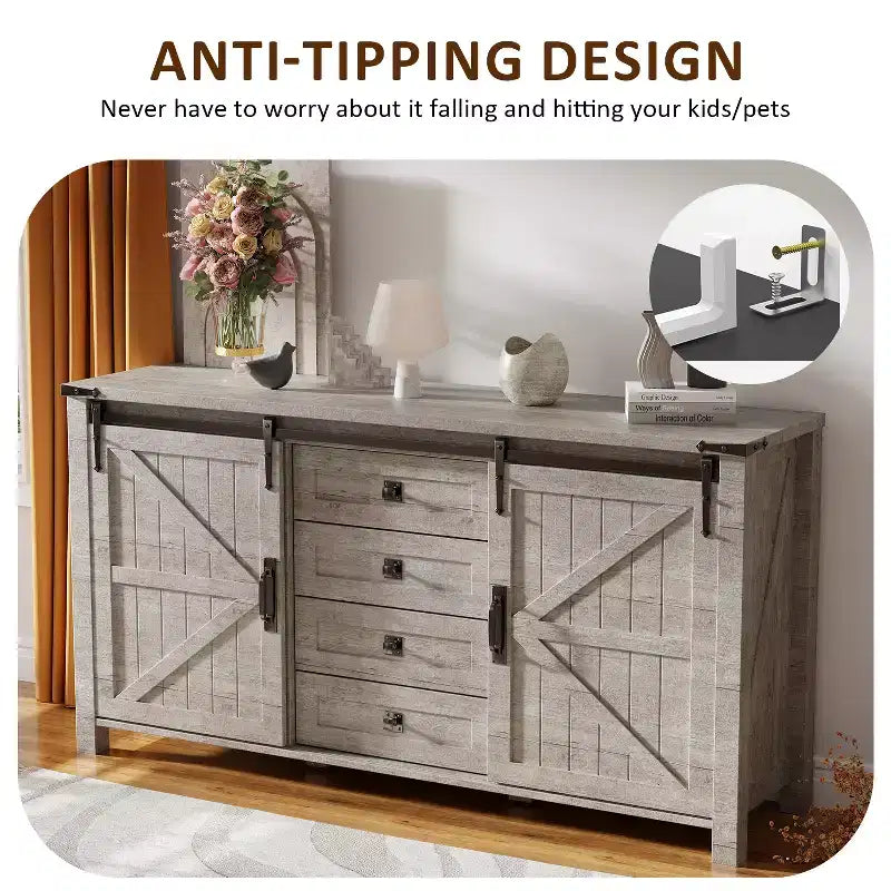 SinCiDo Farmhouse 60Dressing Table with Sliding Barn Door and 4 Drawers,Drawer Cabinet Living Room,Bedroom,Coffee Bar