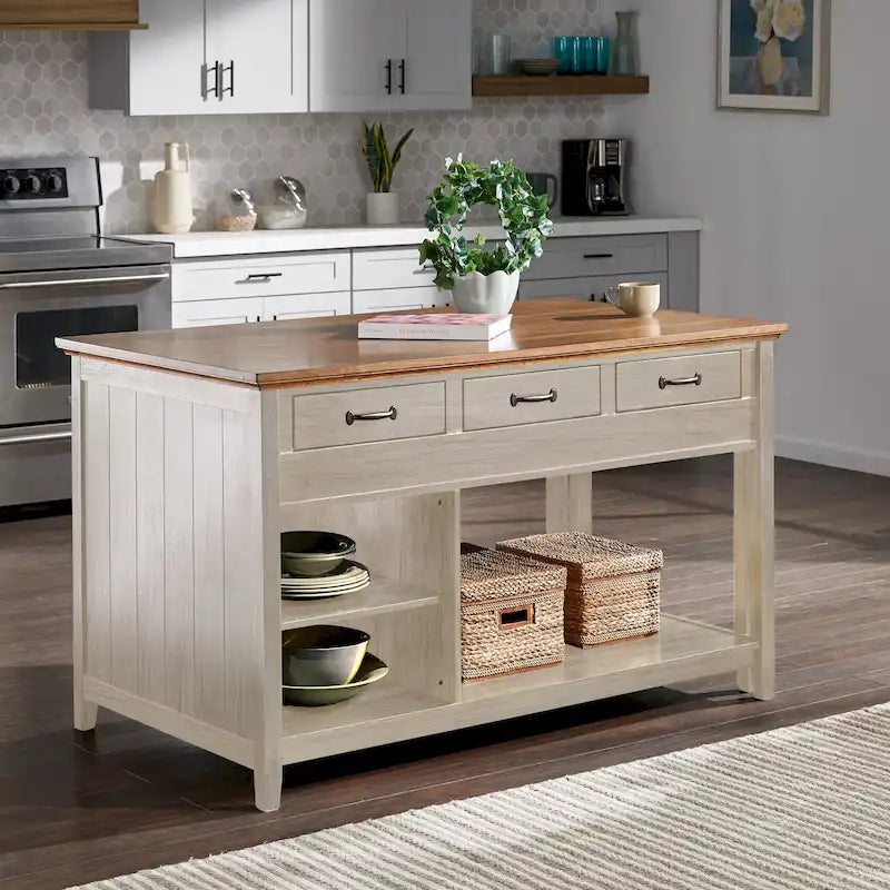 Eleanor Two-Tone Antique Finish Extendable Kitchen Island with 3 Drawers by iNSPIRE Q Classic
