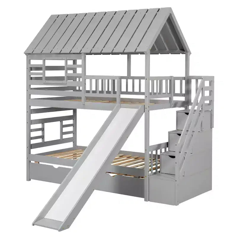 Whisen Twin over Twin House Bunk Bed with Trundle and Slide, Storage Staircase, Roof and Window Design