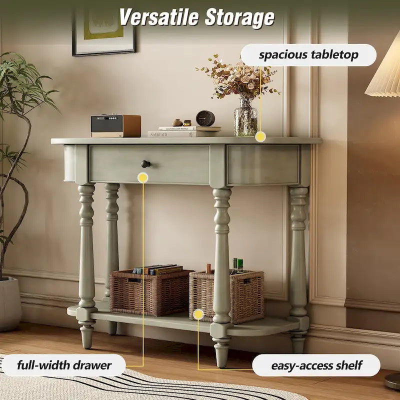 Retro Narrow Console Table with Curved Corner, Top Drawer & Open Shelf