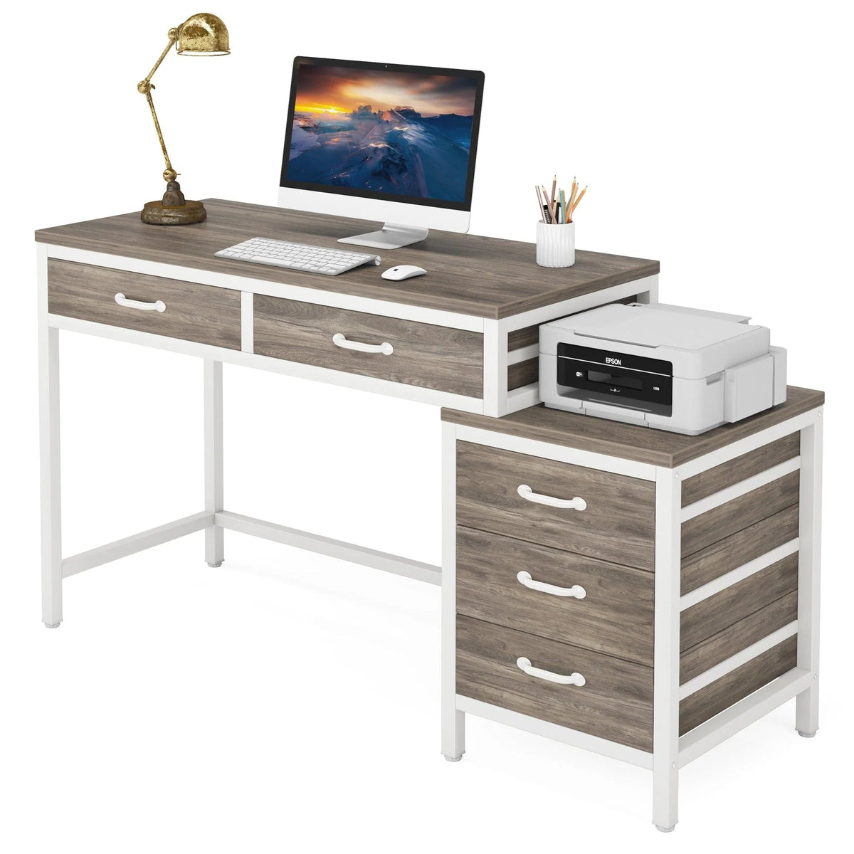 Reversible Computer Desk with 5 Drawers, Home Office Desk with File Cabinet Drawer Printer Stand