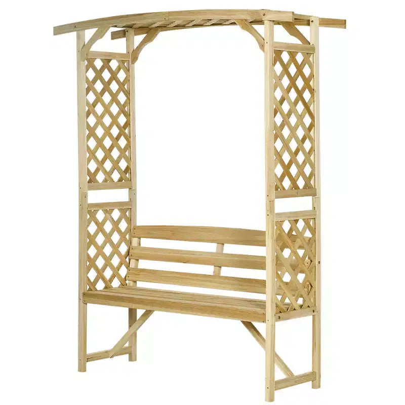 Outsunny Patio Garden Bench Arbor Arch with Pergola and 2 Trellises, 3 Seat Natural Wooden Outdoor Bench for Grape Vines & Climbing Plants