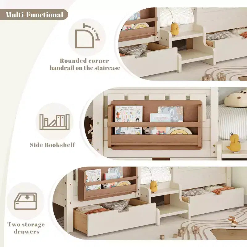 Bellemave Queen Size Toddler Bed with 14 Safety Guardrails, Space-saving Bed Frame with Built-in Bookshelves & 2 Under-Bed Storage Drawers