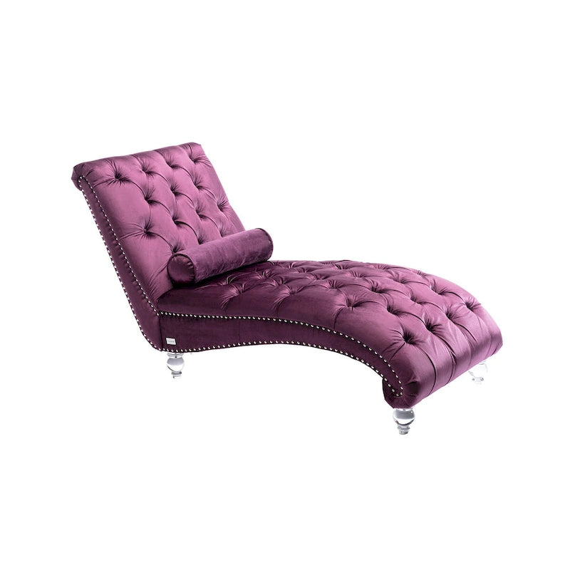 Purple Upholstered Tufted Chaise Lounge Chair with Pillow and Acrylic Legs
