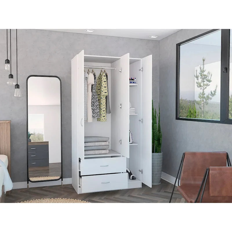 FM Furniture Eureka 3 Door Armoire with 2 Drawers, Inner Shelves, and Rod