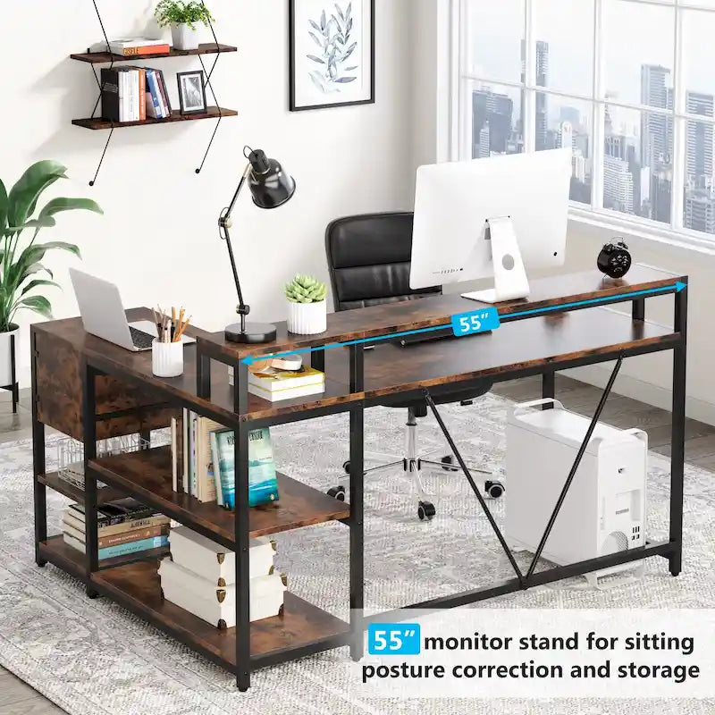 L Shaped Desk with Drawer, Home Office Corner Desk with Storage Shelves and Monitor Stand, Rustic PC Desk for Small Space