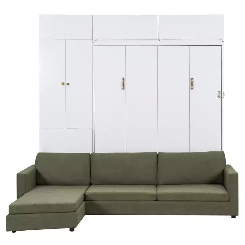 Queen Size Murphy Bed with Sofa and Cabinet, Wooden Queen Cabinet Bed Wall Bed with Shelves, Folding Wall Chest Bed for Guest Room Office