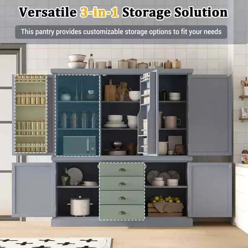 Whisen 73 Freestanding Wooden Kitchen Pantry Cabinet with Drawers and Adjustable Shelves for Storage and Organization in Dining Room or Kitchen