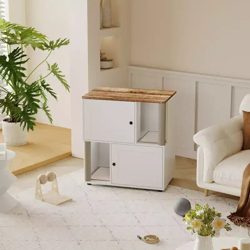 Litter Box Enclosure with Double Room, Hidden Enclosed Litterbox Furniture with Scratch Posts and Double-Layer Litter Mats Indoor Pet House