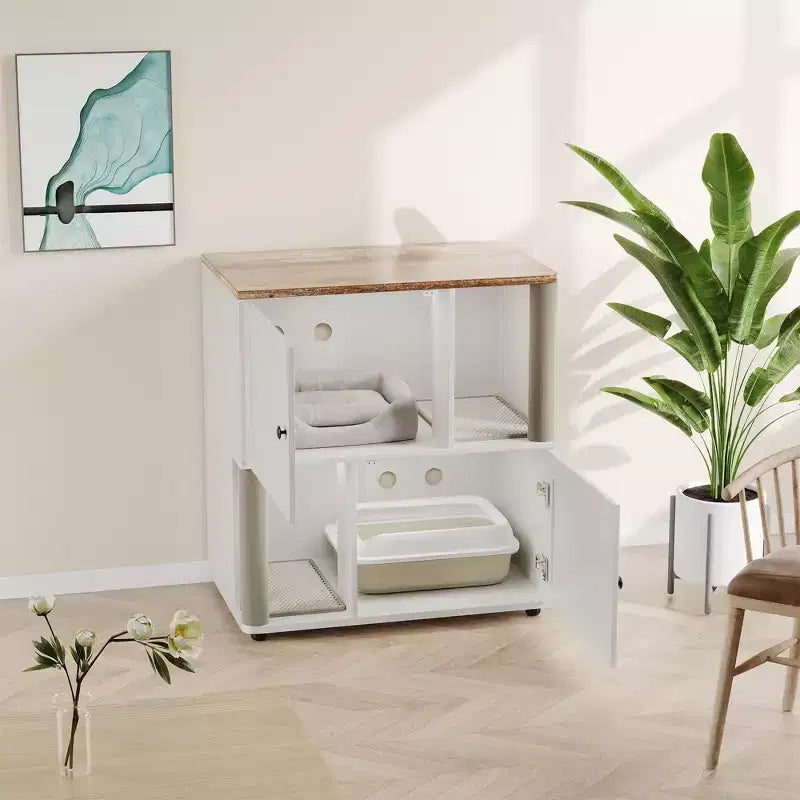 Litter Box Enclosure with Double Room, Hidden Enclosed Litterbox Furniture with Scratch Posts and Double-Layer Litter Mats Indoor Pet House