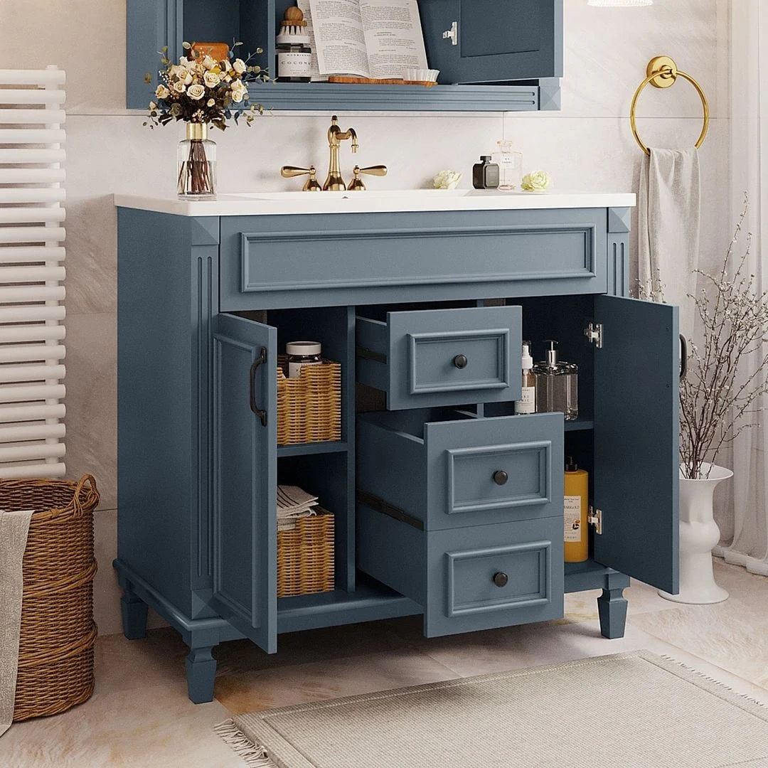 36 Modern Bathroom Vanity with Top Sink and Mirror Cabinet,2 Doors and 2 Drawers