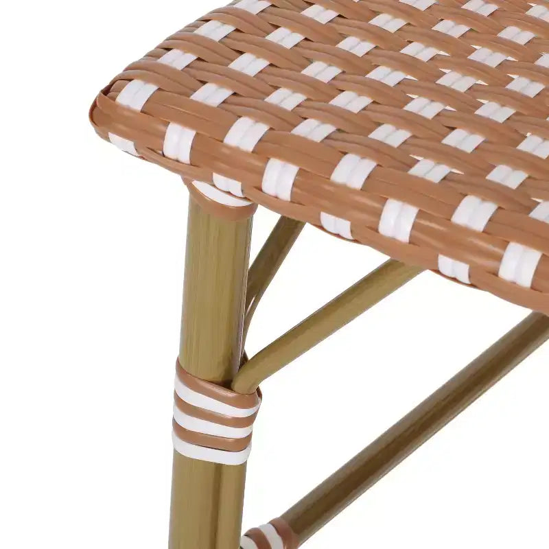 sumyeg 29.5 Outdoor French Bistro Bar Stools Set of 2, PE Rattan Wicker with Aluminum Frame, Bamboo Look Finish, Rust Red & White