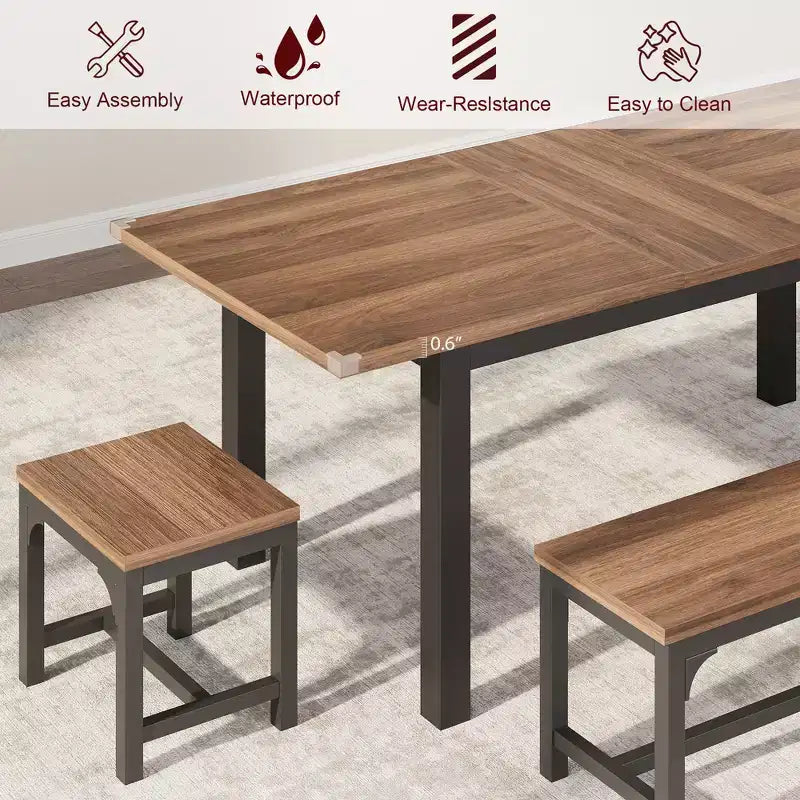 5 Pieces Dining Table Set for 4-6, 63 Large Extendable Dining Room Table with Benches and Stools