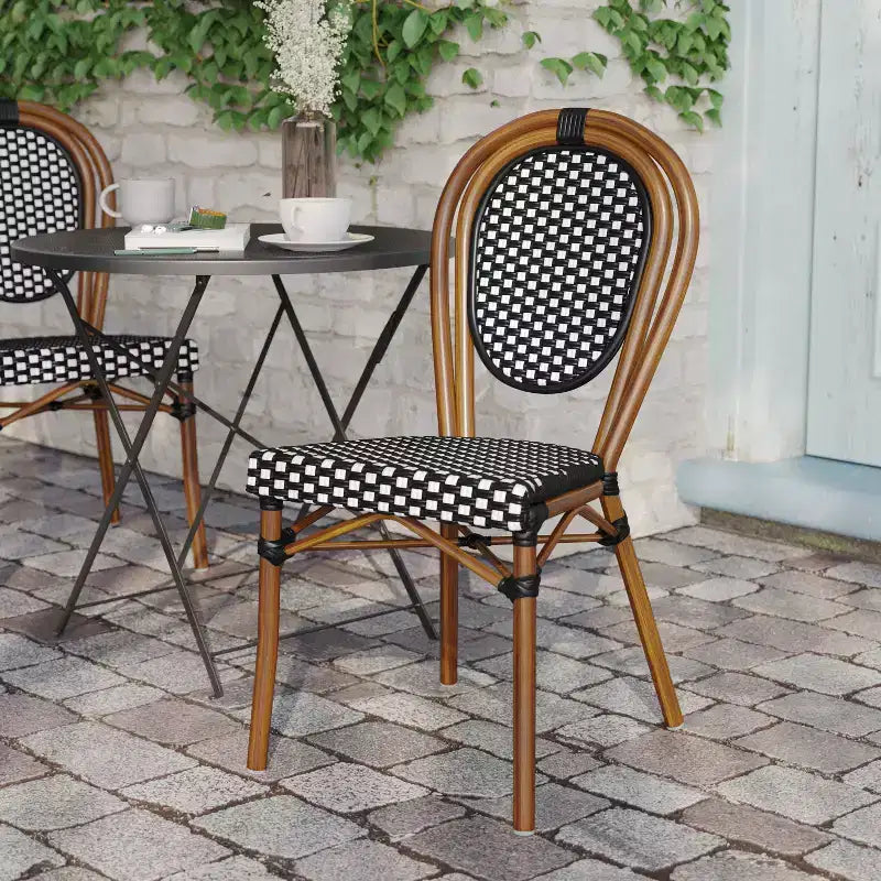 Flash Furniture Lourdes Indoor/Outdoor Commercial Thonet Bistro Stacking Chair, PE Rattan and Aluminum Frame