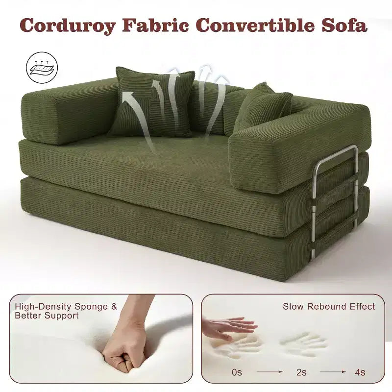 Dyonery 65-in five-in-one folding floor sofa bed, convertible into a double bed sofa bed, with a fixed metal frame, corduroy