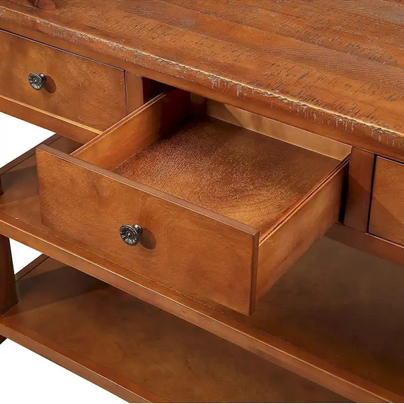 Modern Solid Pine Wood Top Console Table with 3 Drawers and 2 Shelves
